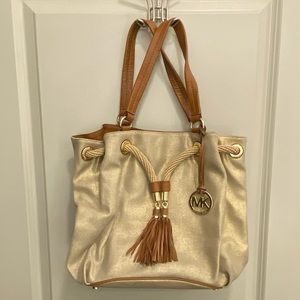MICHAEL KORS Marina Metallic Gold Canvas w. Leather Trim Tassels Handbag